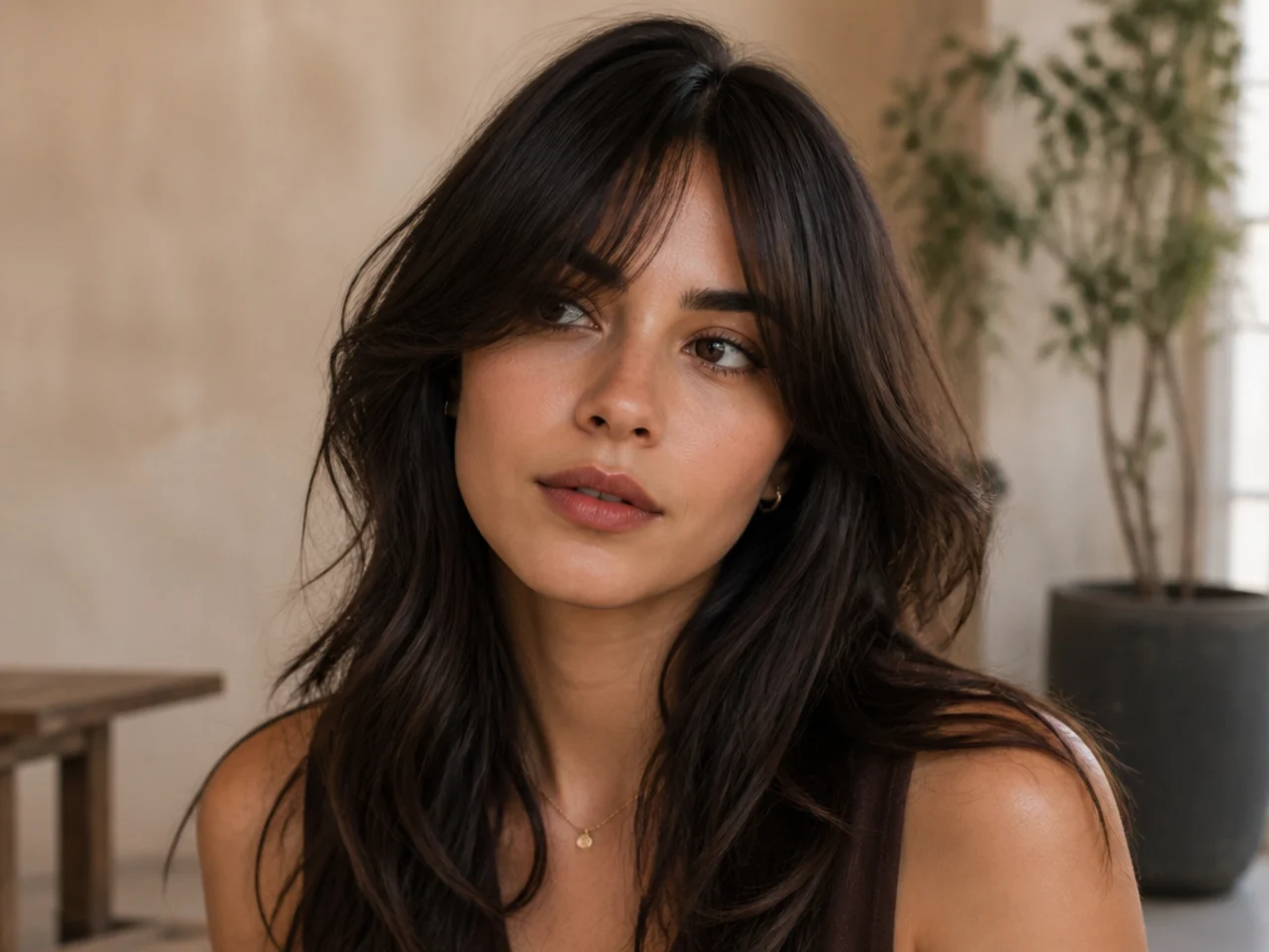 Curtain bangs with an off centre parting