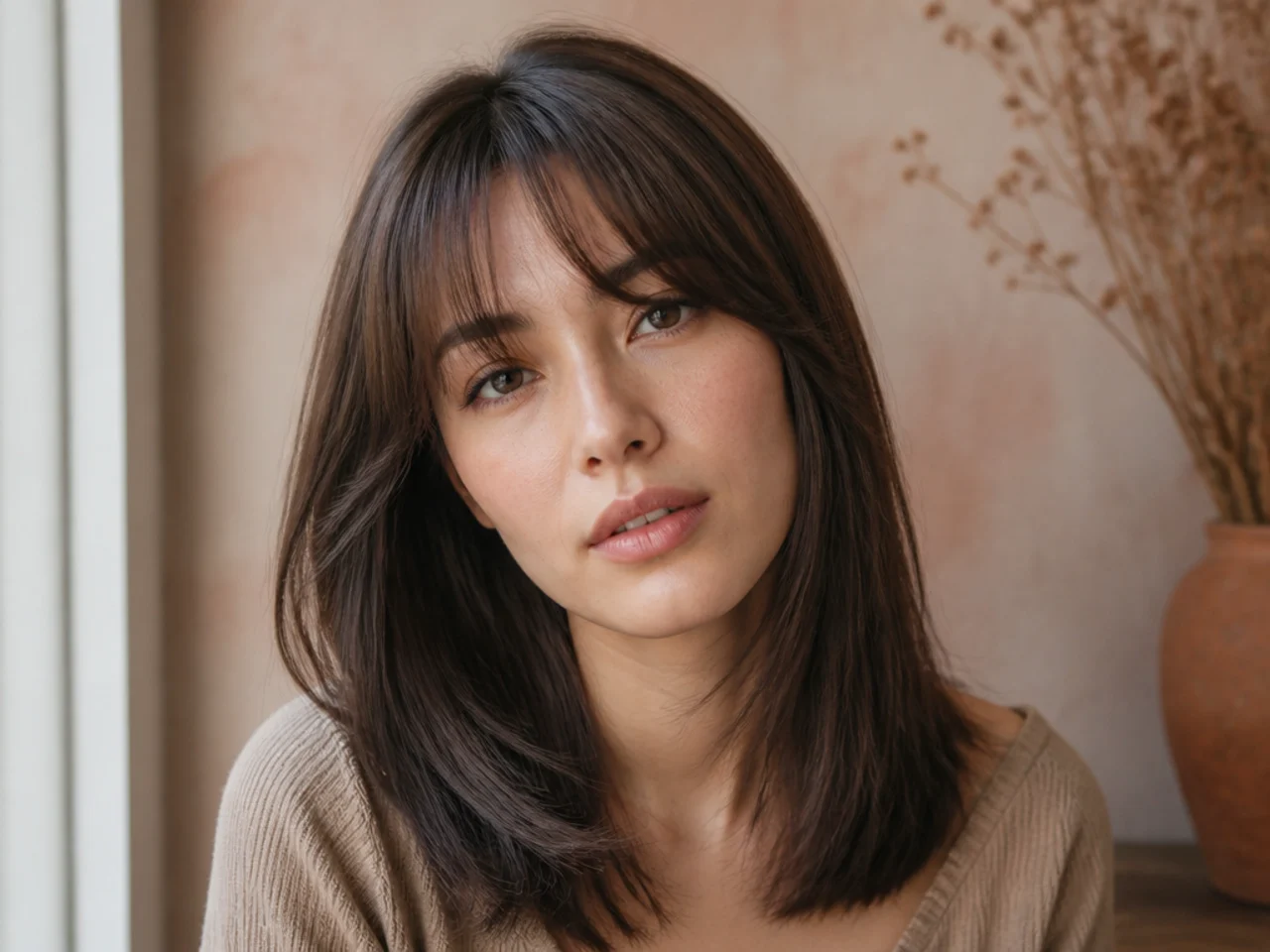 Curtain bangs on straight medium length hair