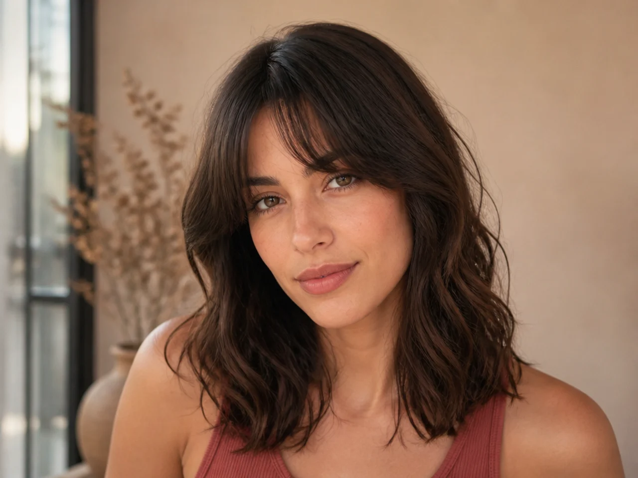 Curtain bangs on wavy medium length hair