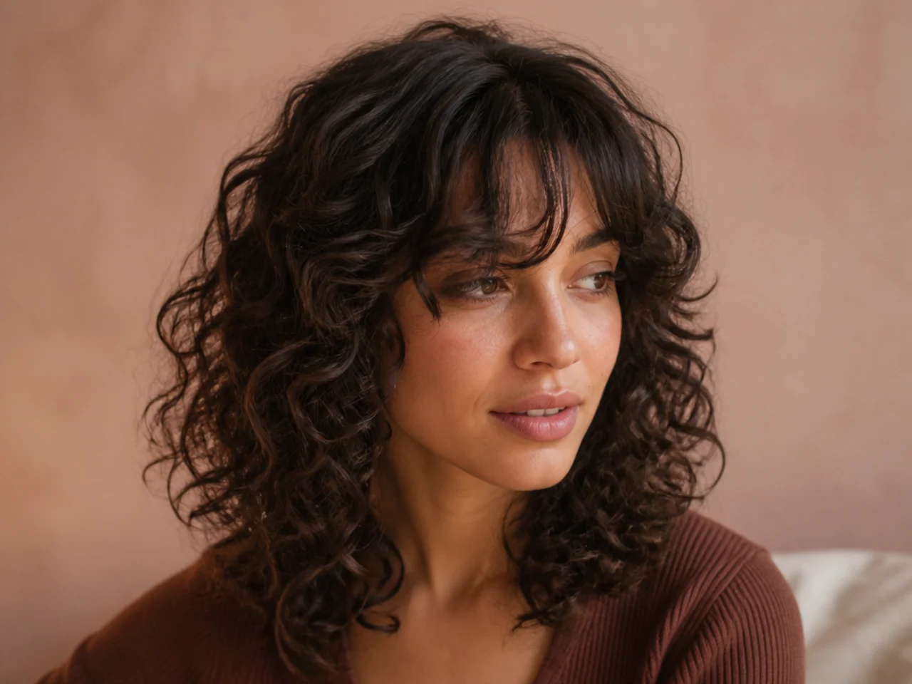 Curtain bangs on curly medium length hair