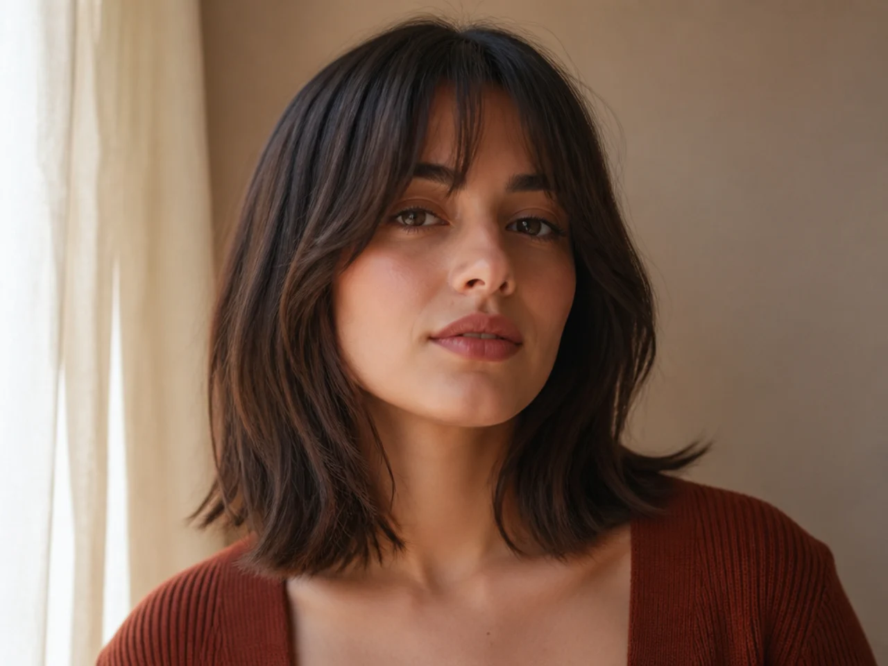 Curtain bangs with a collarbone length cut