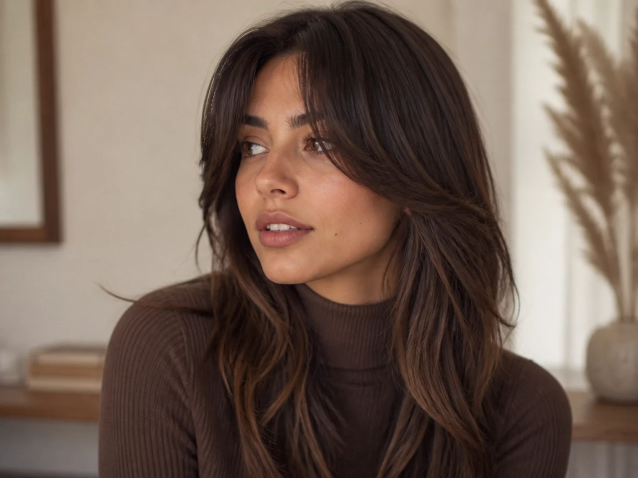 Long curtain bangs reaching the jaw