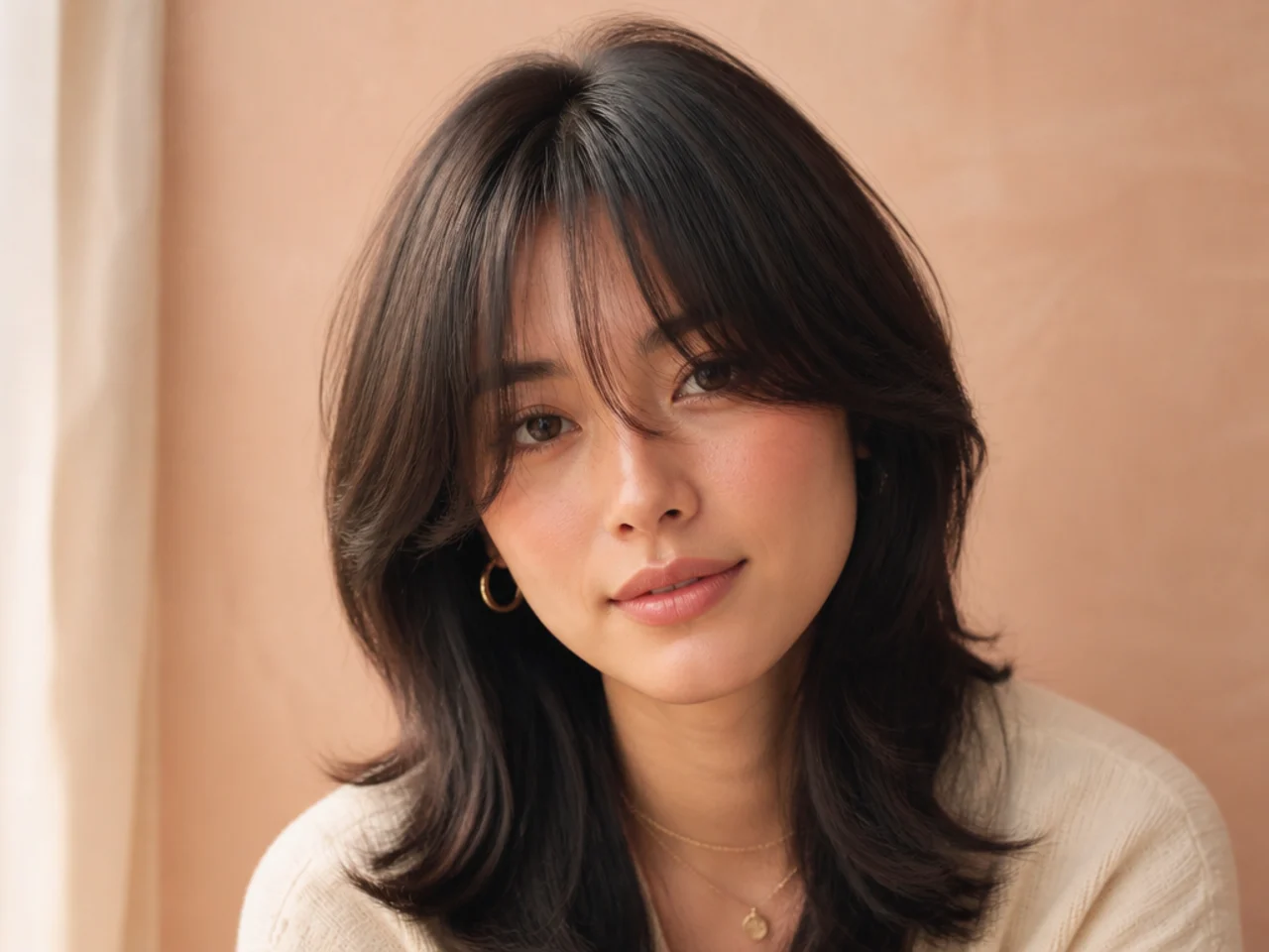Razor cut curtain bangs on medium hair