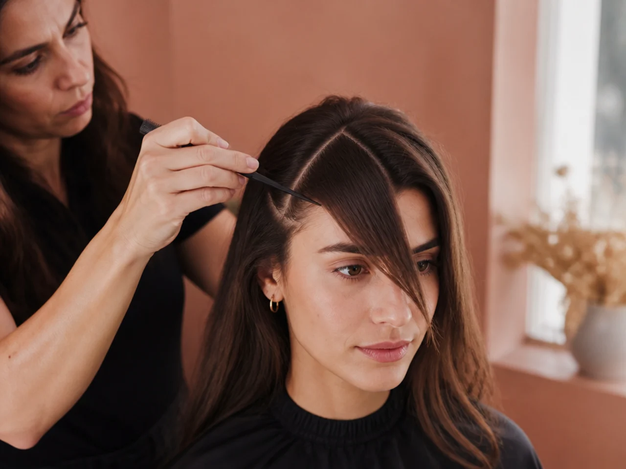 A stylist taking a triangular fringe section