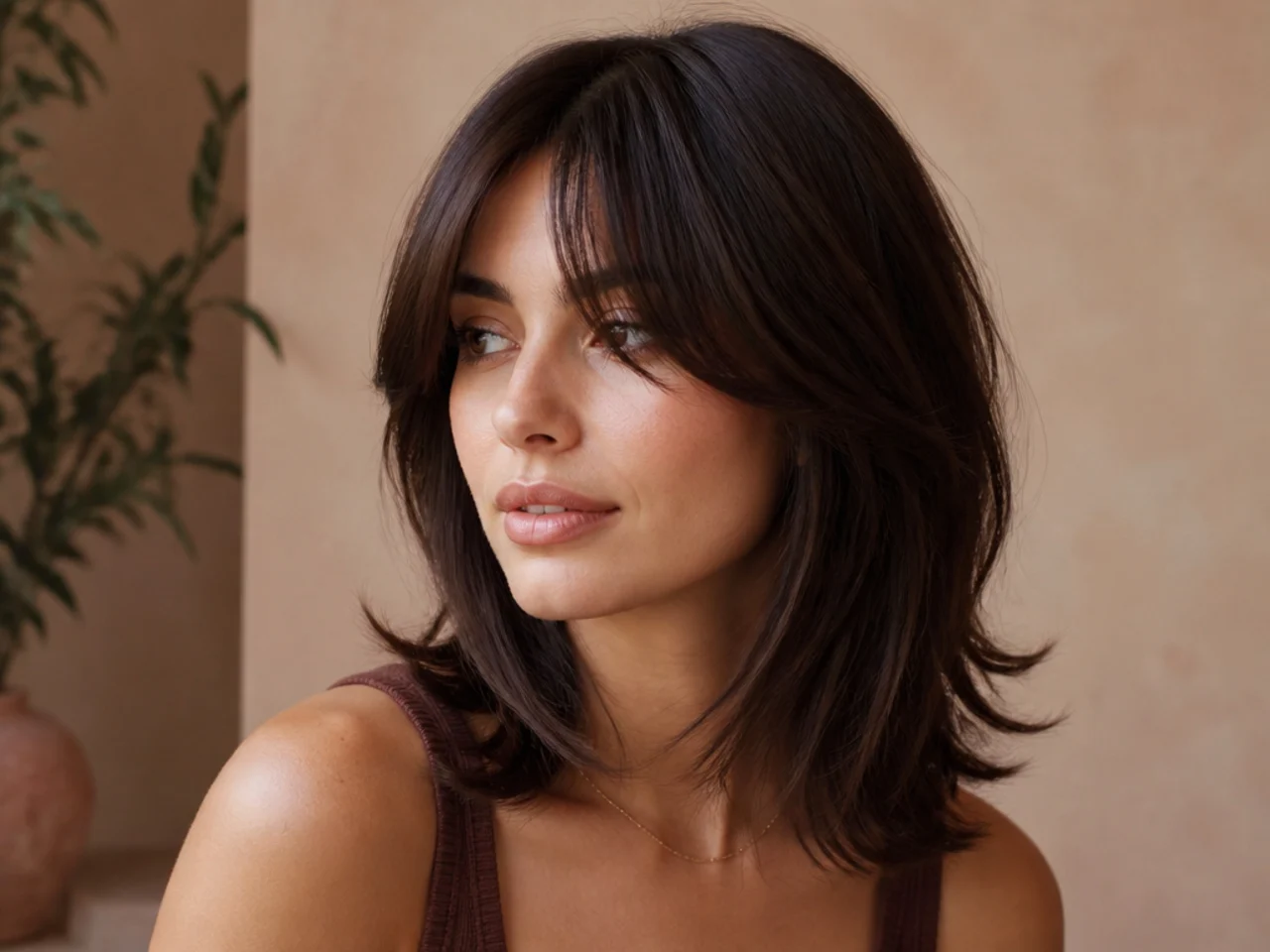 A three quarter view of curtain bangs on medium hair