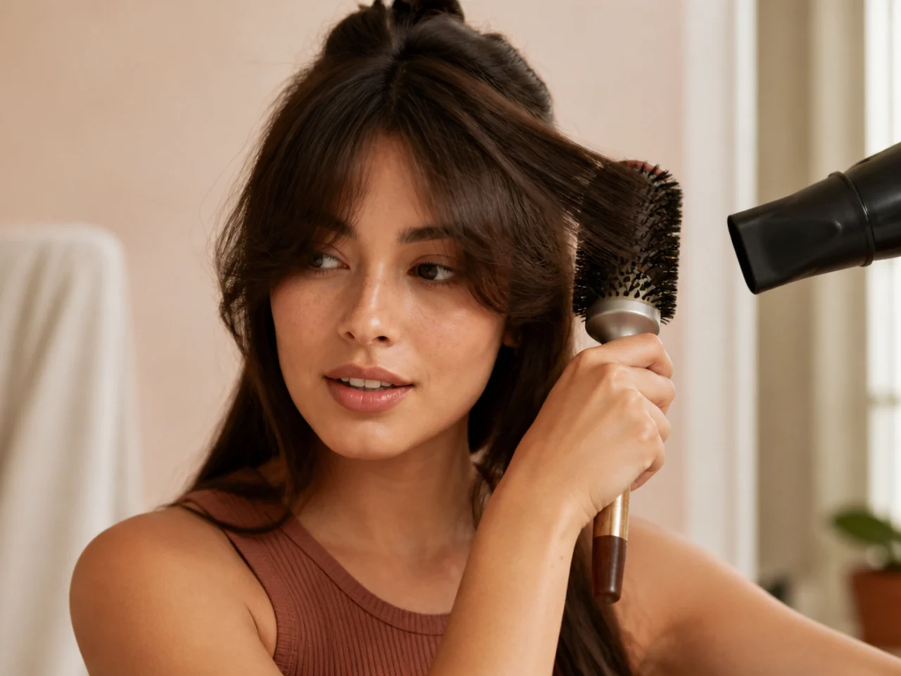A round brush drying curtain bangs away from the face