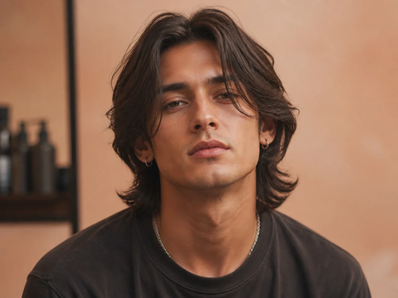 90s grunge curtain bangs on a young man — five-inch messy center-parted fringe with a shag-cut top, lived-in and undone