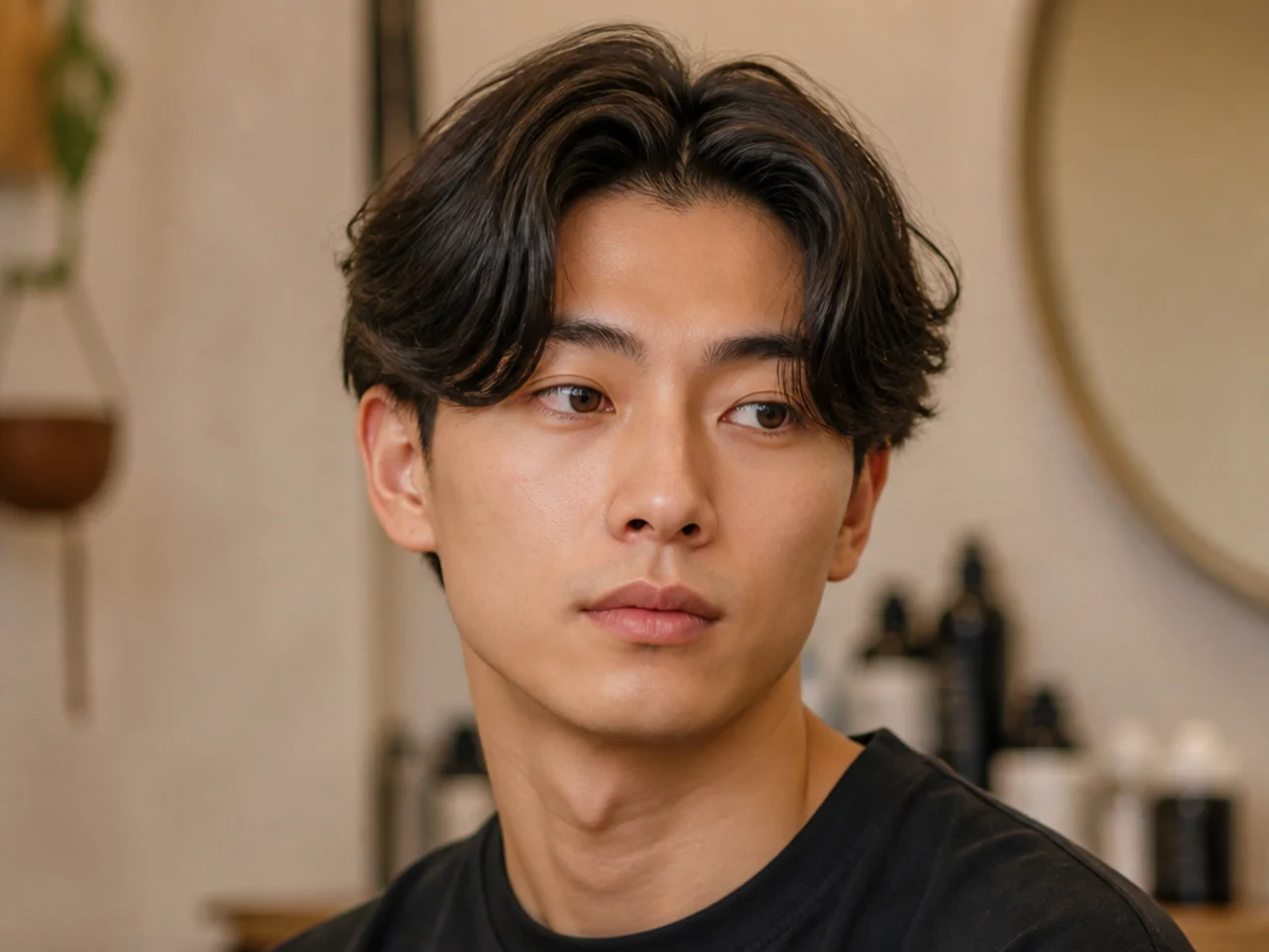 Classic curtain bangs on a young man — four-inch center-parted fringe falling in two soft panels over the brows on a scissor-cut top