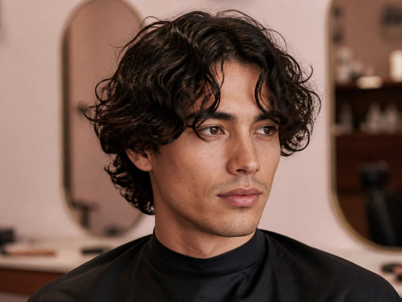 Curly curtain bangs on a young man with 3A curls — springs falling in two panels from a center part with defined pieces