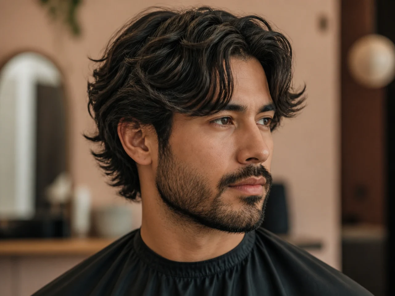 Curtain bangs paired with a short faded beard on a young man — center-parted fringe framing the face and beard grounding the jaw