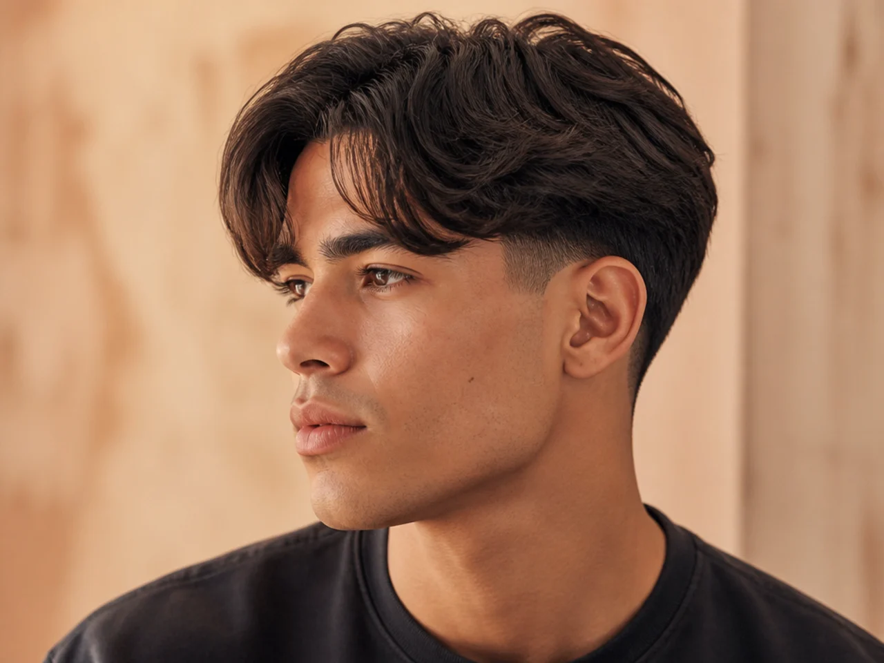 Curtain bangs with a low taper fade on a young man — four-inch center-parted fringe over a subtle low taper at the perimeter