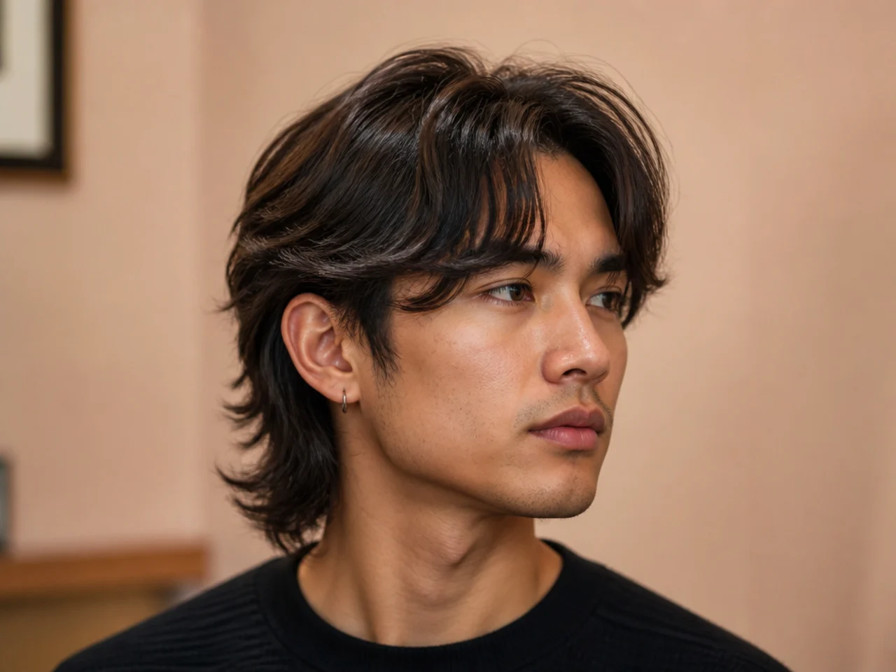 Curtain bangs paired with a modern mullet on a young man — center-parted fringe on top with length grown out at the nape