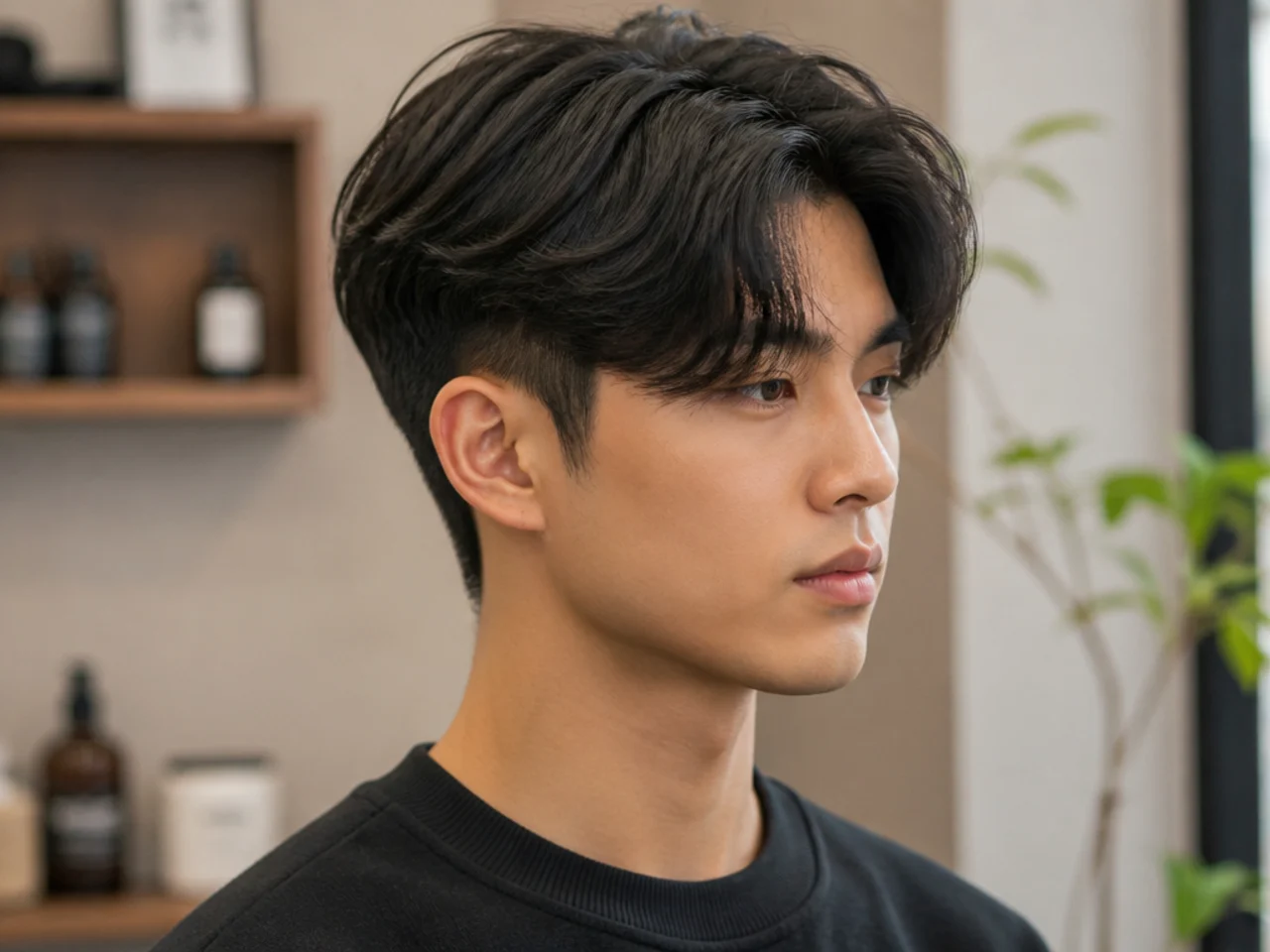 Curtain bangs with a two-block cut on a young East Asian man — layered top with hidden buzzed underlayer and center-parted fringe