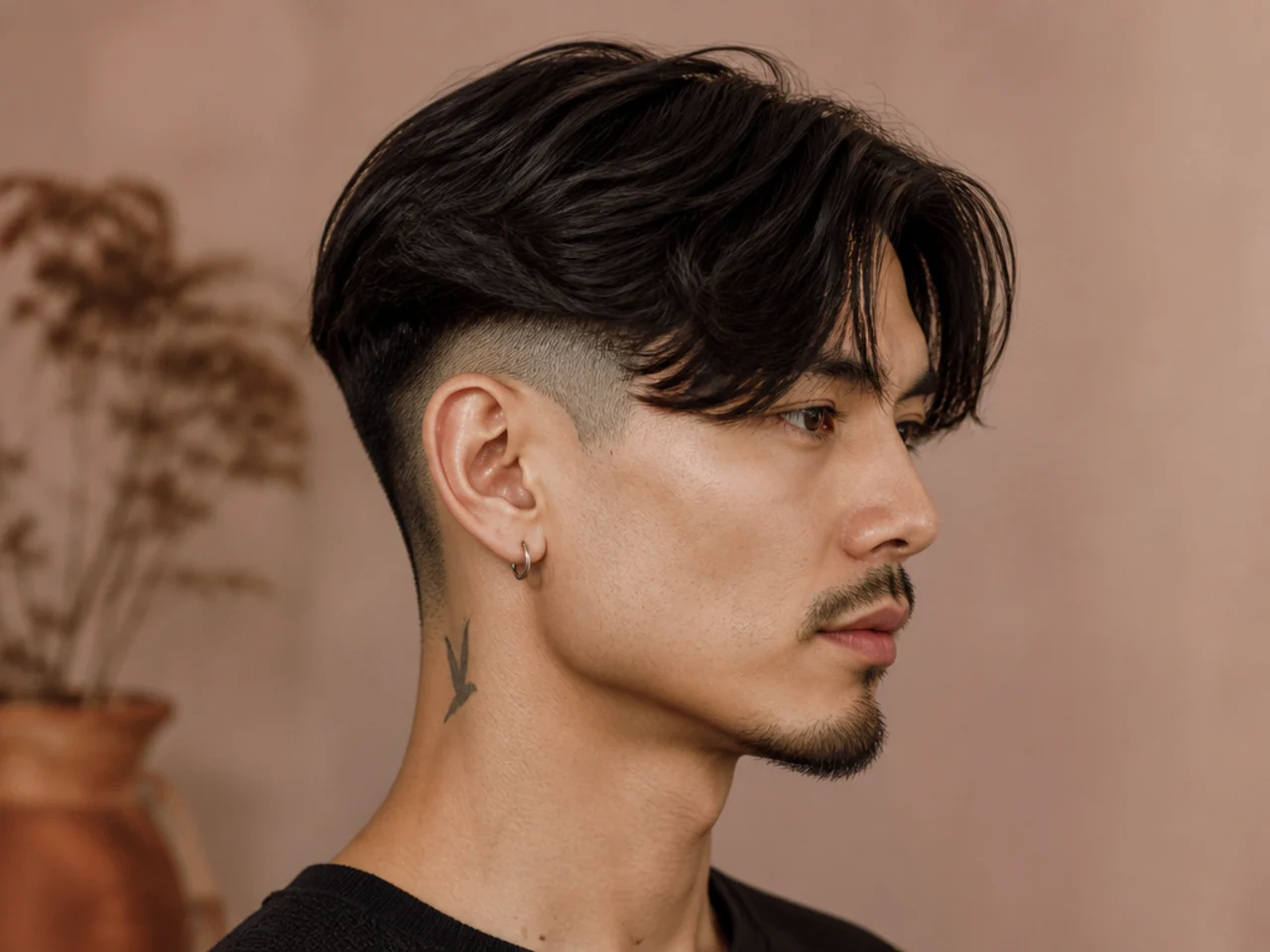 Curtain bangs with an undercut on a young man — long center-parted fringe dropping over disconnected buzzed sides