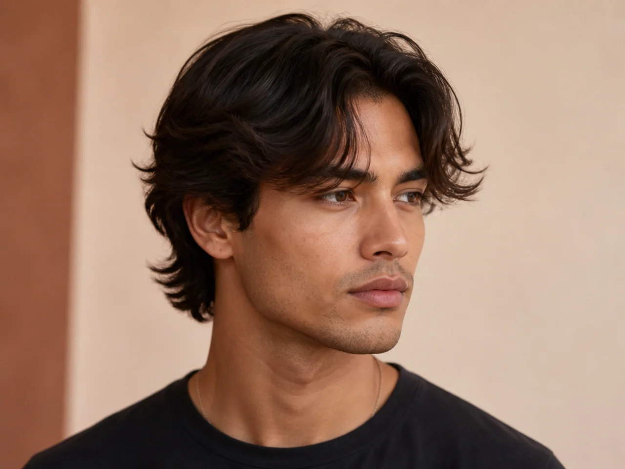Feathered curtain bangs on a young man — soft-tapered fringe with visible layering falling in two panels either side of the center part