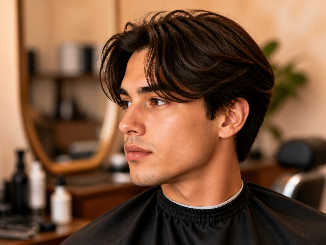Client showing a phone reference photo of curtain bangs to a barber in a modern barbershop