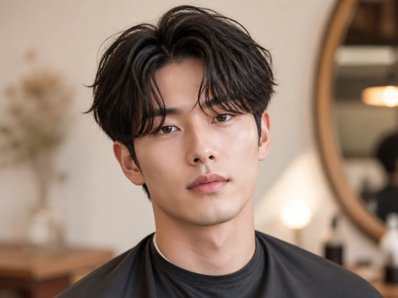 Korean-style curtain bangs on a young Korean man with straight black hair — feathered center-parted fringe with editorial softness