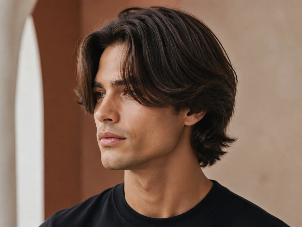 Long curtain bangs on a young man — five-inch center-parted fringe reaching past the cheekbones and layered top