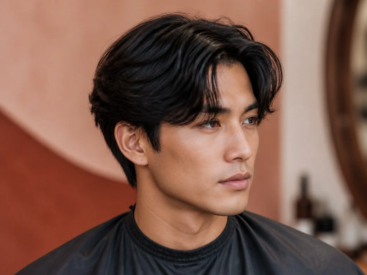 Modern curtain bangs on a young man aged 25 — soft feathered center-parted fringe with a subtle low mid fade at the perimeter