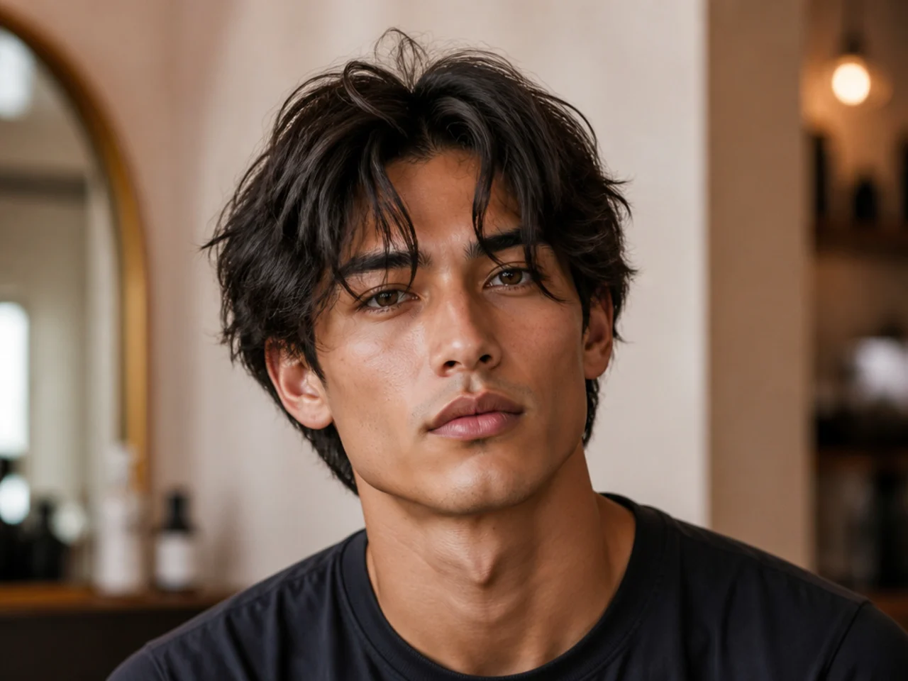 Piecey curtain bangs on a young man with wavy brown hair — separated strands falling in defined pieces from a center part