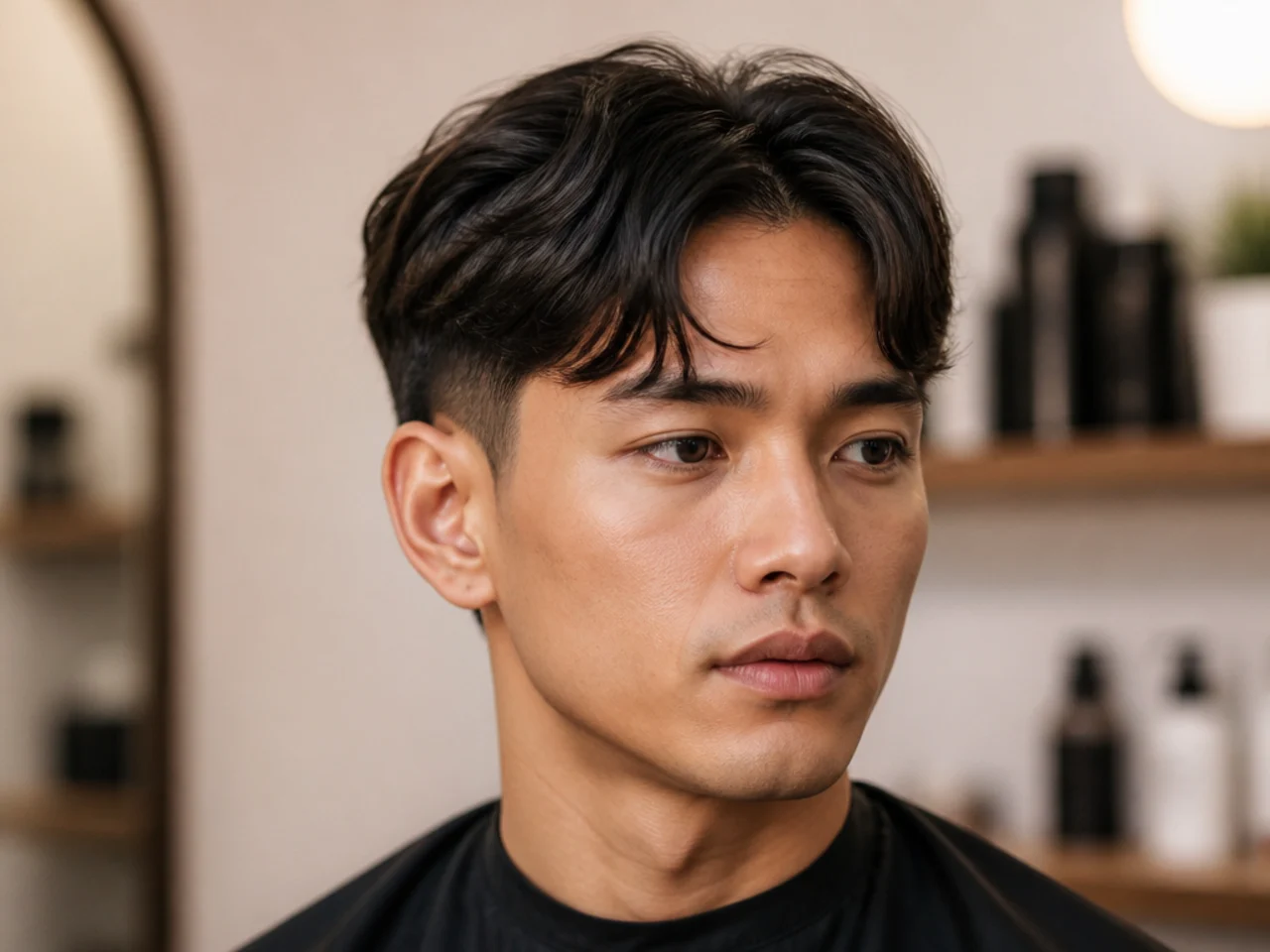 Short curtain bangs on a young professional man — three-inch center-parted fringe grazing the eyebrows on a short top