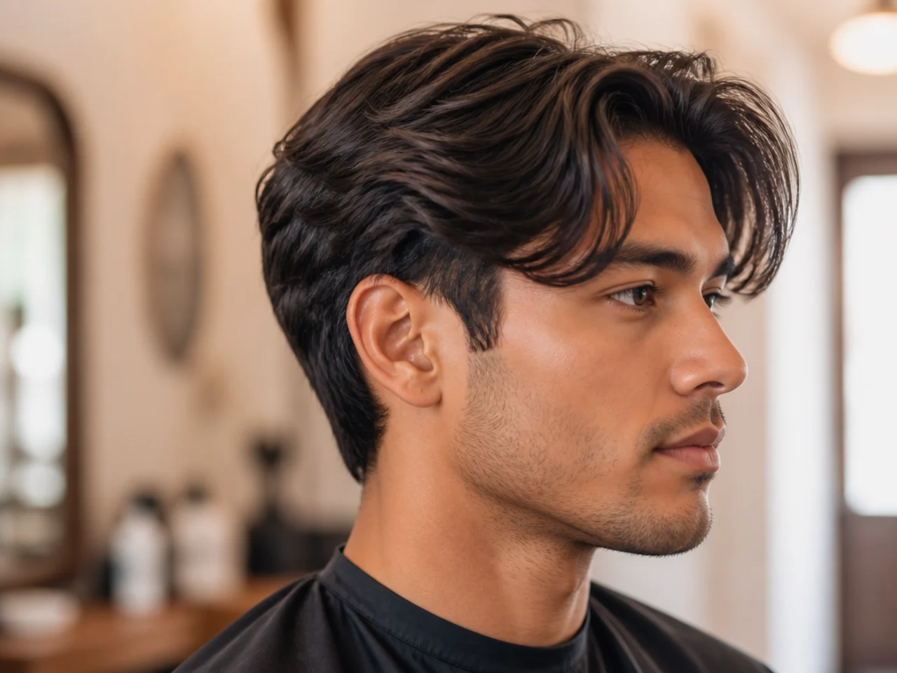 Side-swept curtain bangs on a young man — off-center part with one panel longer and sweeping across the forehead
