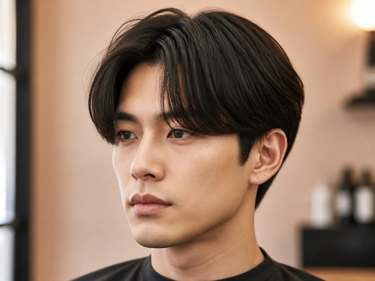Straight-hair curtain bangs on a young man with straight dark hair — clean center-parted fringe falling flat in two panels