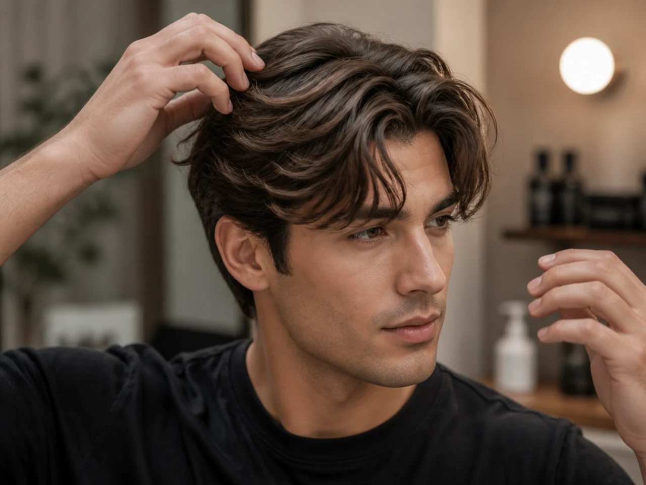 Flat-lay of curtain bangs styling products: matte cream, sea-salt spray, wide-tooth comb, microfiber towel