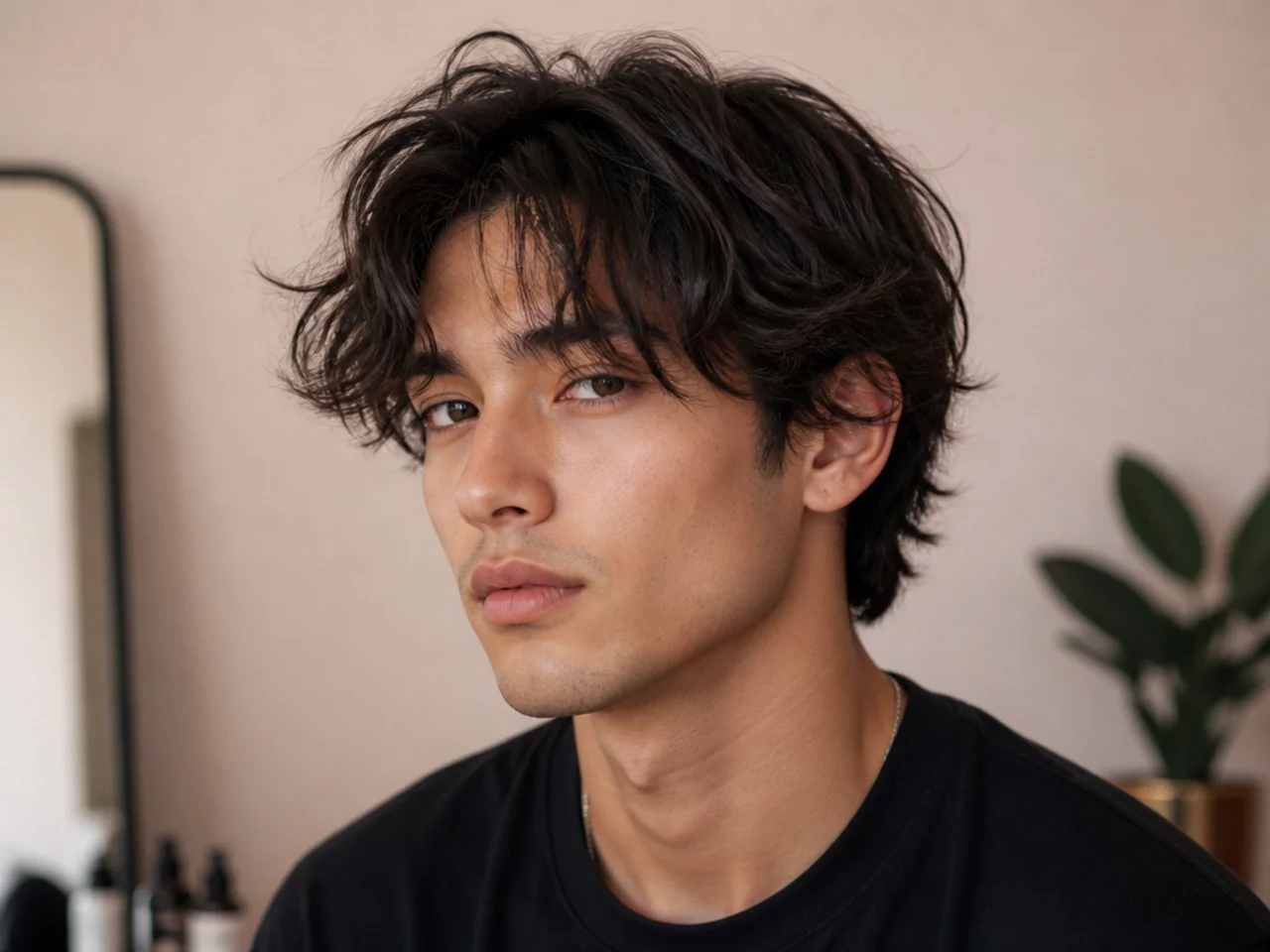 Textured curtain bangs on a young man with medium-brown wavy hair — choppy layered fringe and matching texture through the top