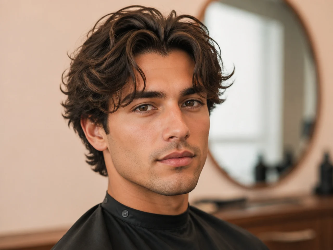 Wavy curtain bangs on a young man with 2B waves — S-curve fringe falling in two panels from a center part