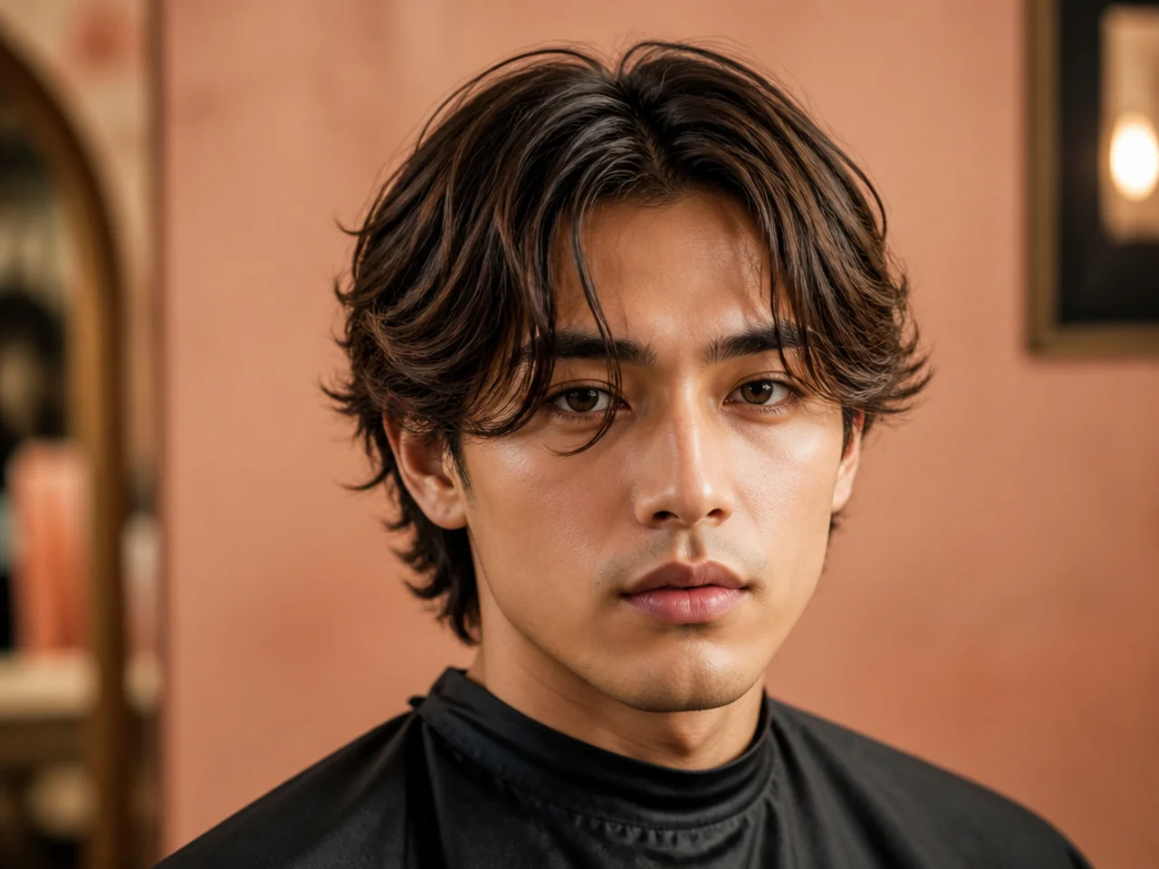 Wispy curtain bangs on a young man with fine straight hair — thin airy fringe parted center with visible face beneath