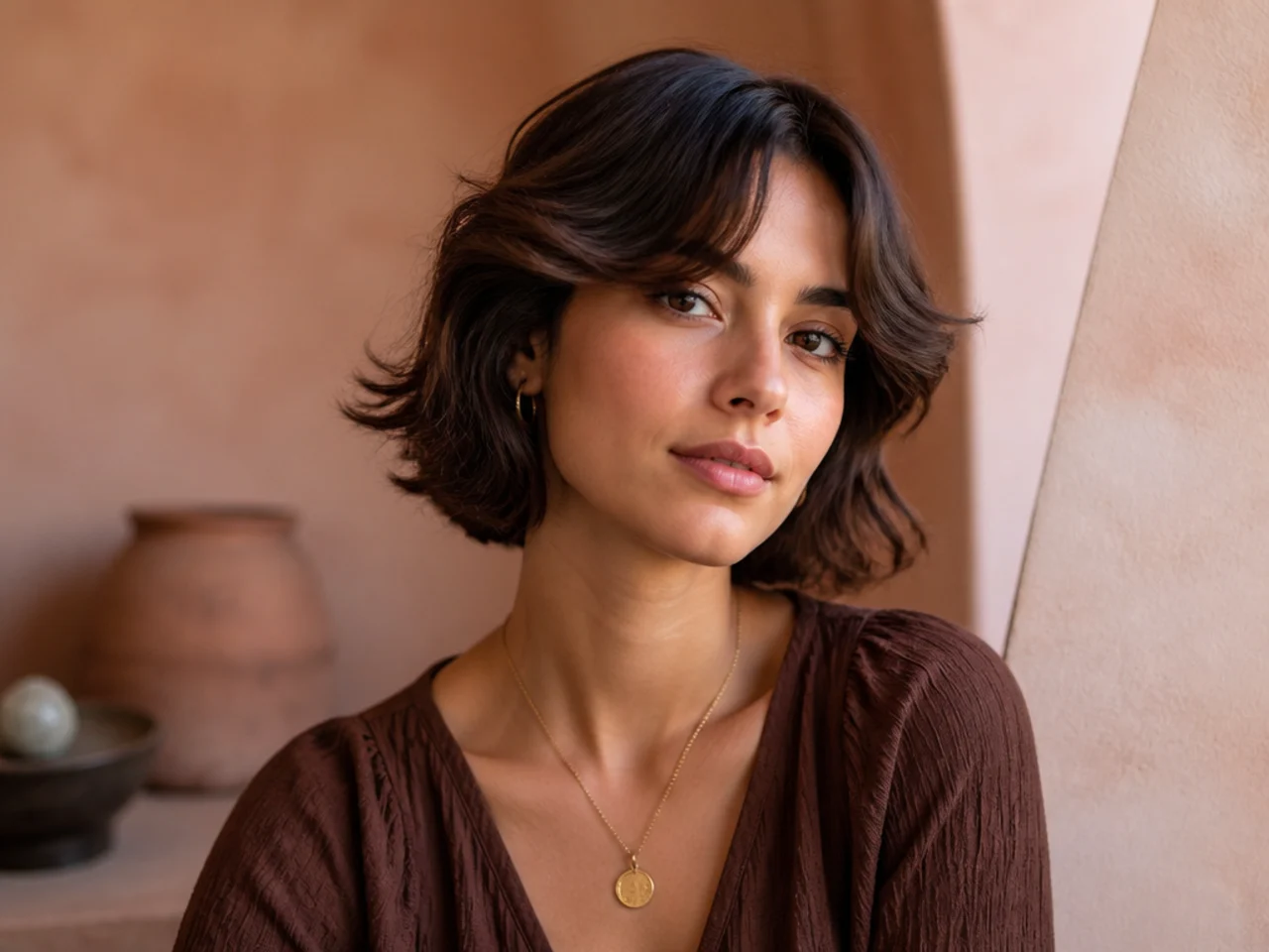 Short wavy hair with curtain bangs bending outward at the ends