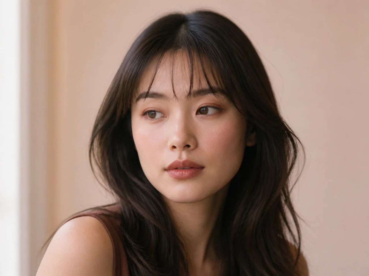 A low hairline with a light wispy fringe leaving space above the brows