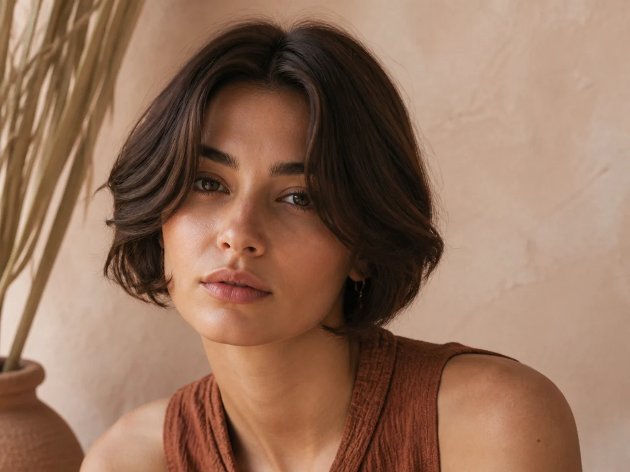 Short hair with a centre parting and curtain bangs sweeping to each side