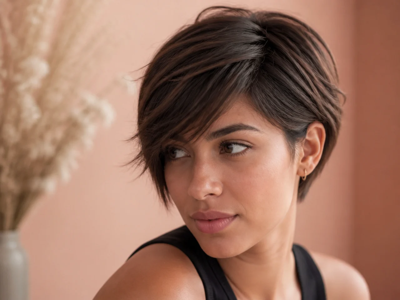 Short hair with a side parting and a wispy fringe swept across the forehead