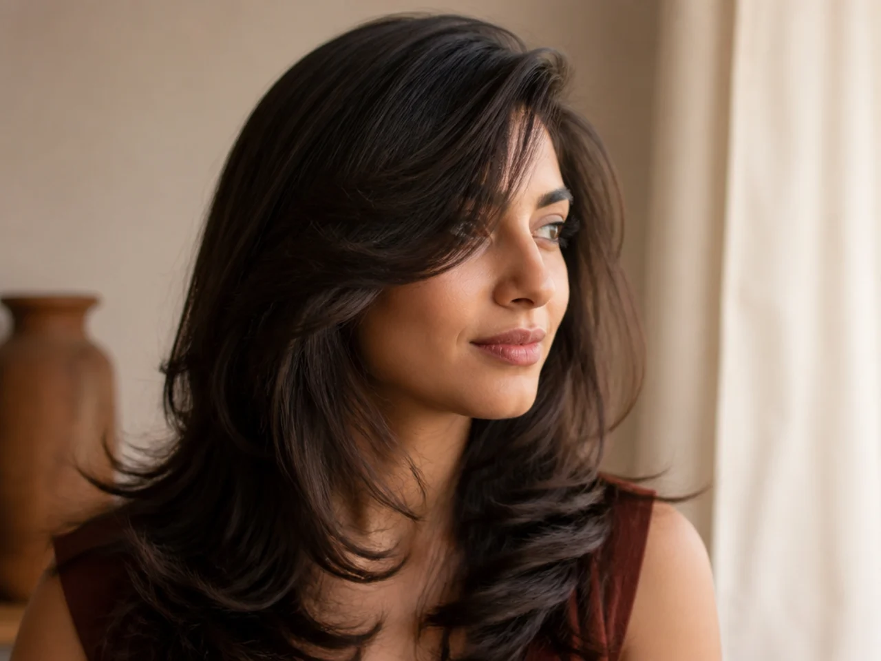 A front cowlick worked into a curtain fringe swept to one side