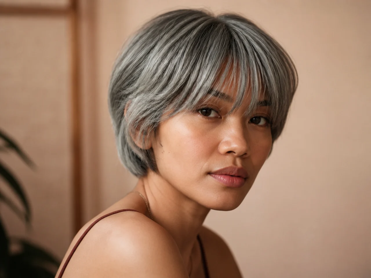 Short grey hair with dense curtain bangs holding coarse strands in place