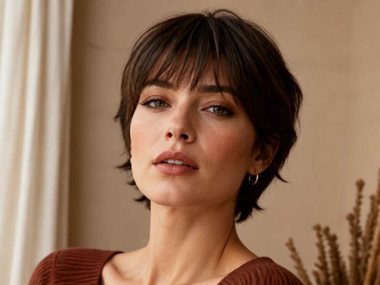 A long face with short hair and a soft wispy fringe across the forehead