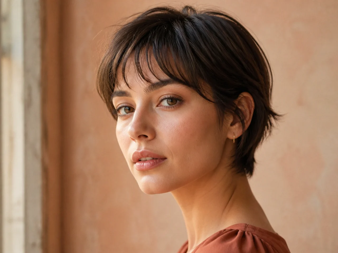 A first light wispy fringe on short hair