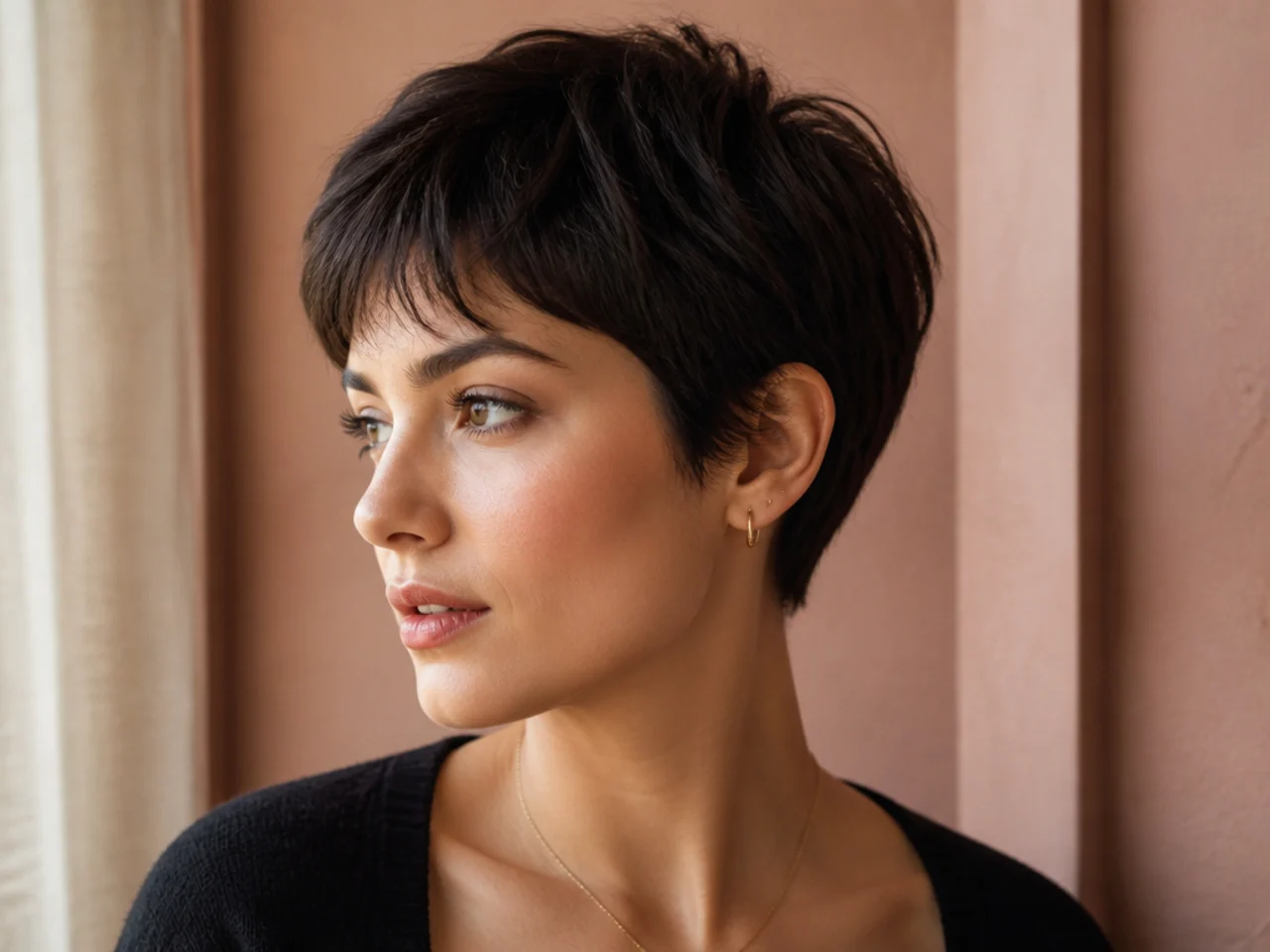 Fine short hair with a light wispy fringe and full crown behind it