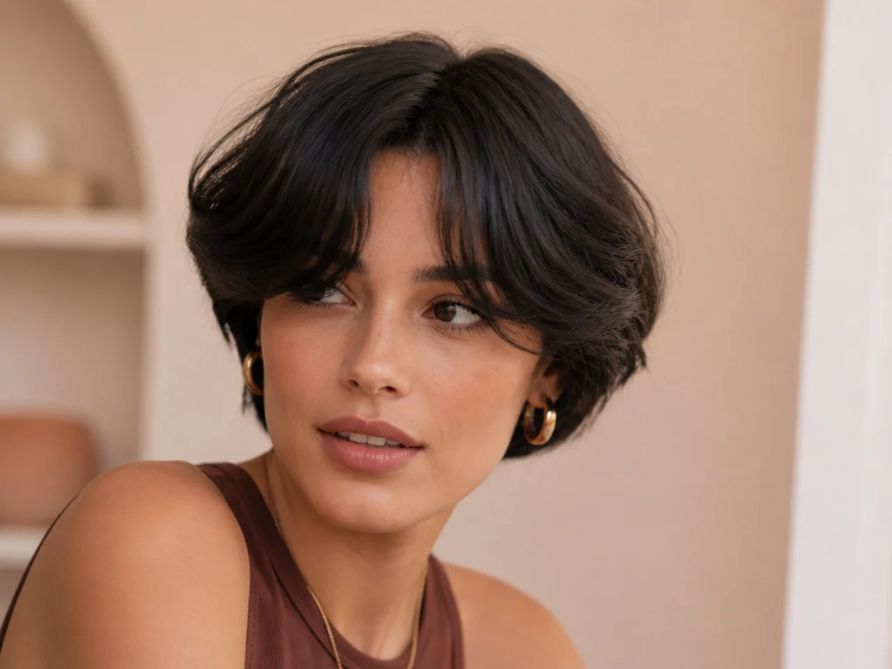 Thick short hair with dense curtain bangs sweeping to both sides