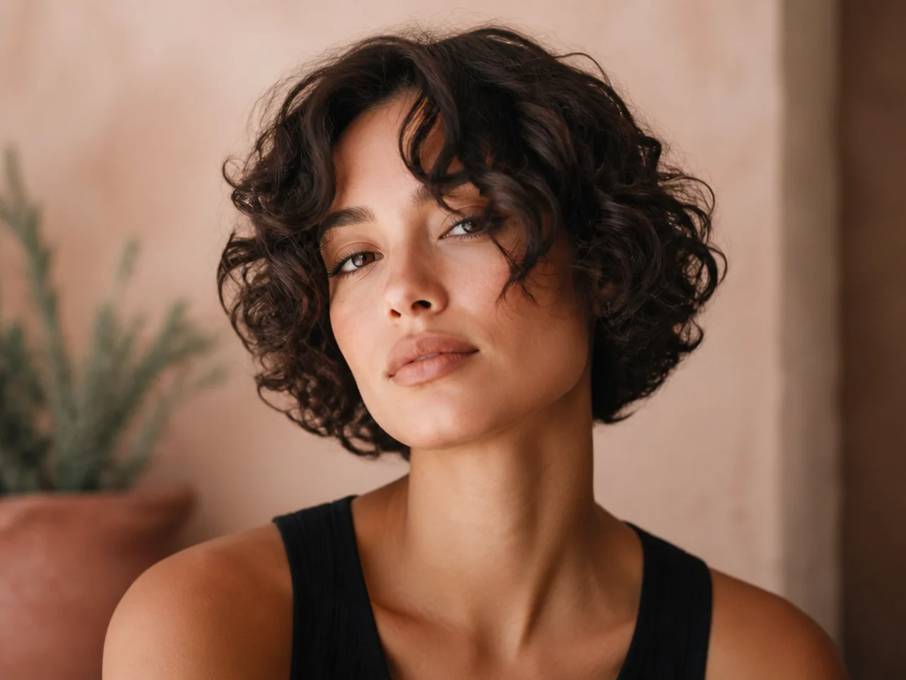 Short curly hair with long curtain bangs falling either side of the face