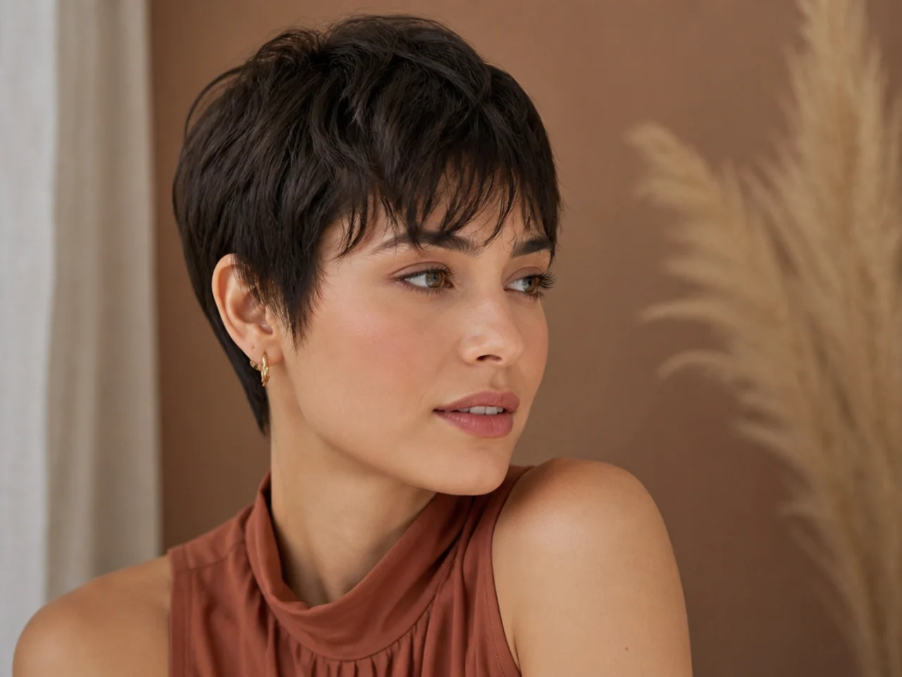 A pixie cut with a fine wispy fringe over the forehead