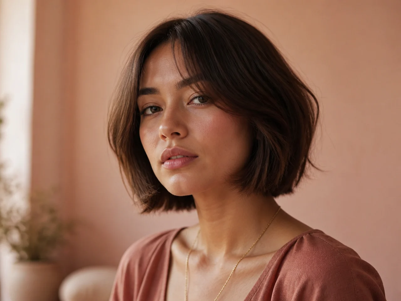 A chin length bob with curtain bangs joining the front sections