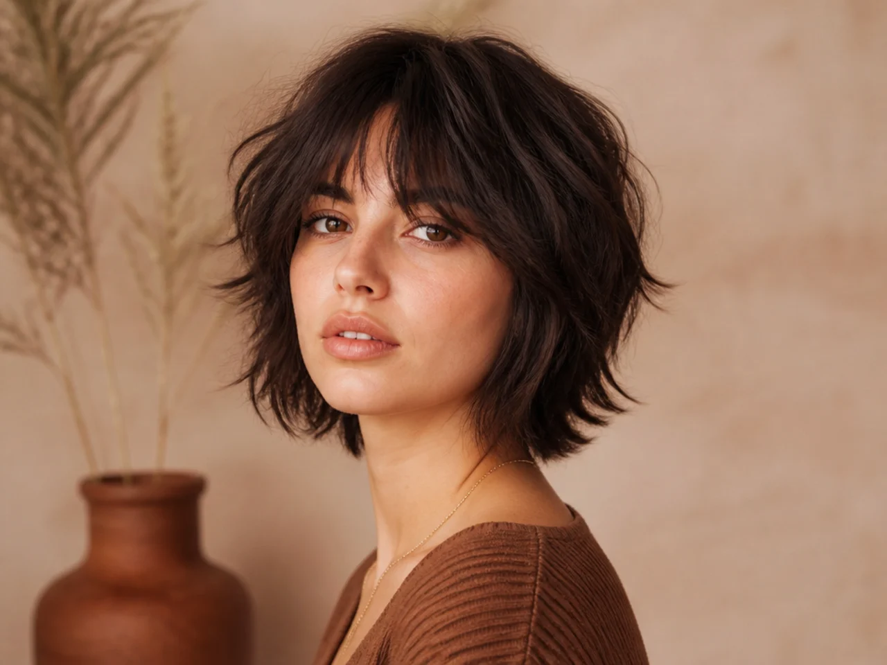 A short shag haircut with curtain bangs cut continuously into the layers