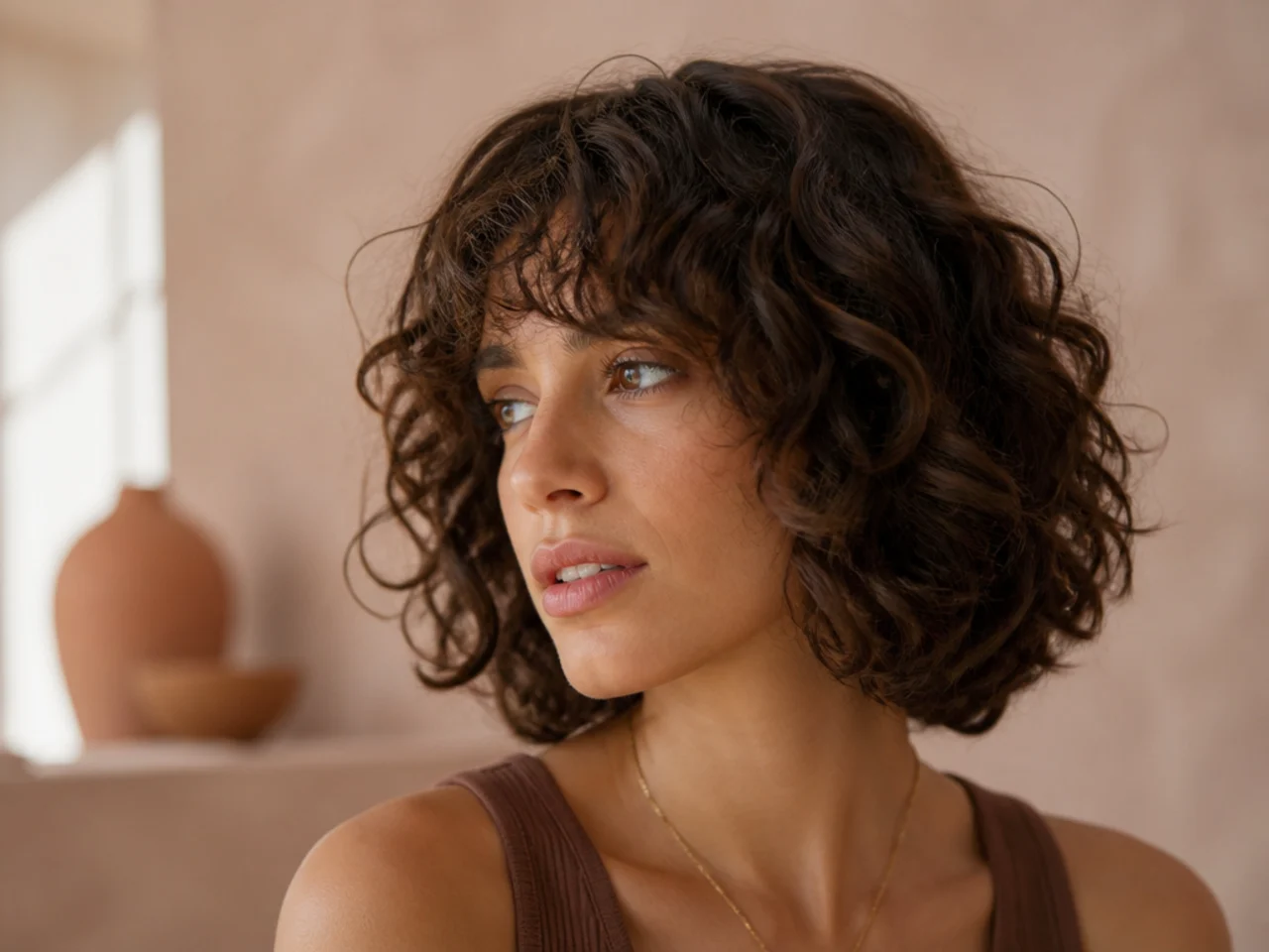 Three quarter view of short curly hair with curtain bangs