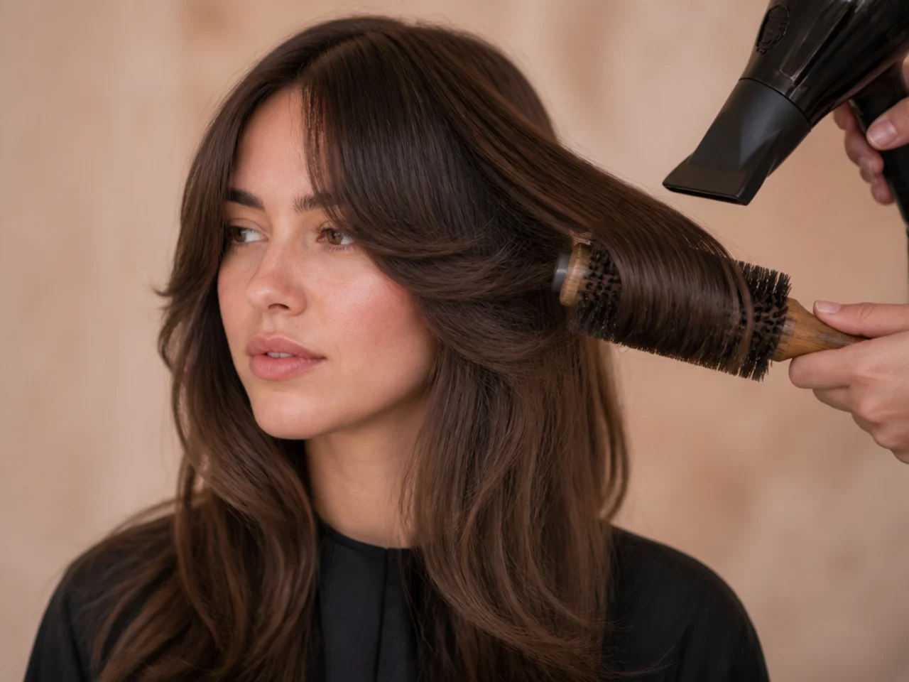 A round brush drying a curtain fringe outward away from the face