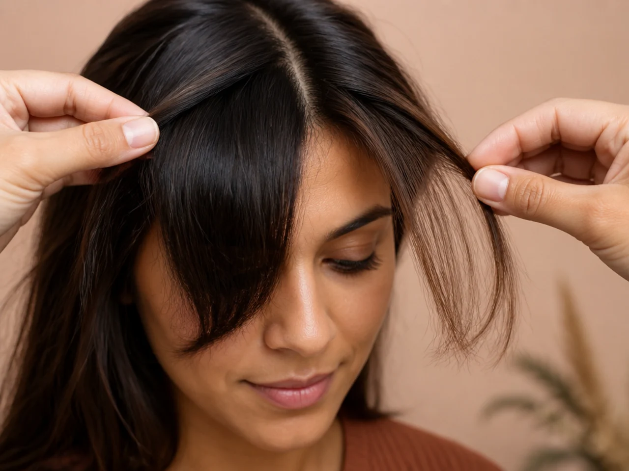 Close up of a deep fringe section next to a shallow fringe section held between fingers