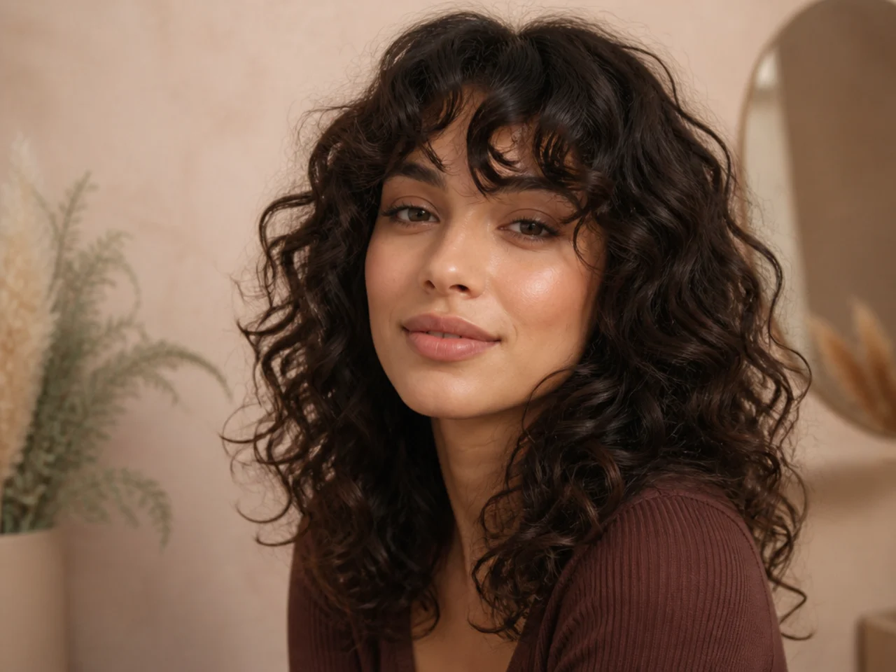 Curly curtain bangs cut dry