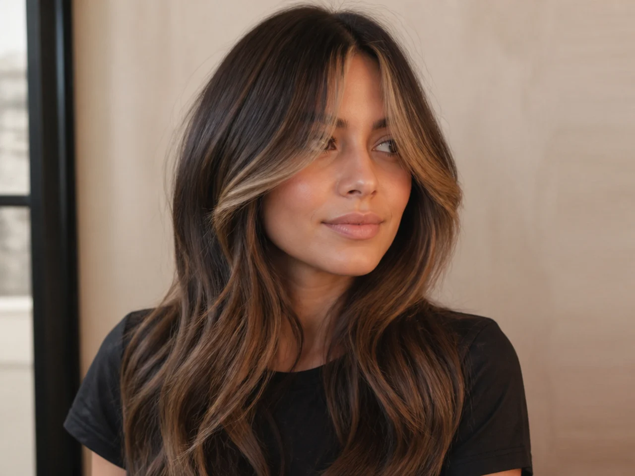 Curtain bangs lightened as a money piece